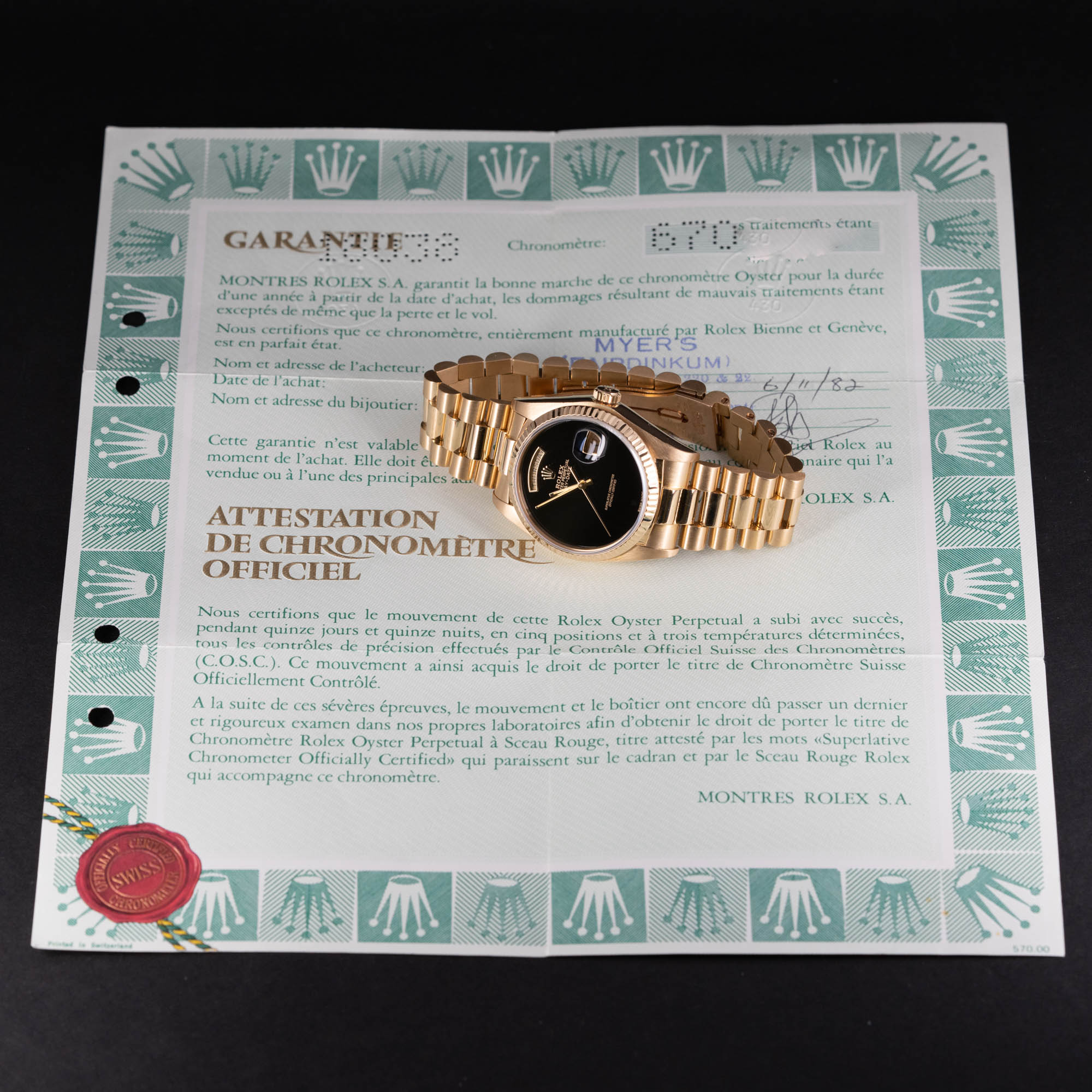 18k Rolex Oyster Perpetual Day-Date 18038 Onyx vuodelta 1982 - Image 9