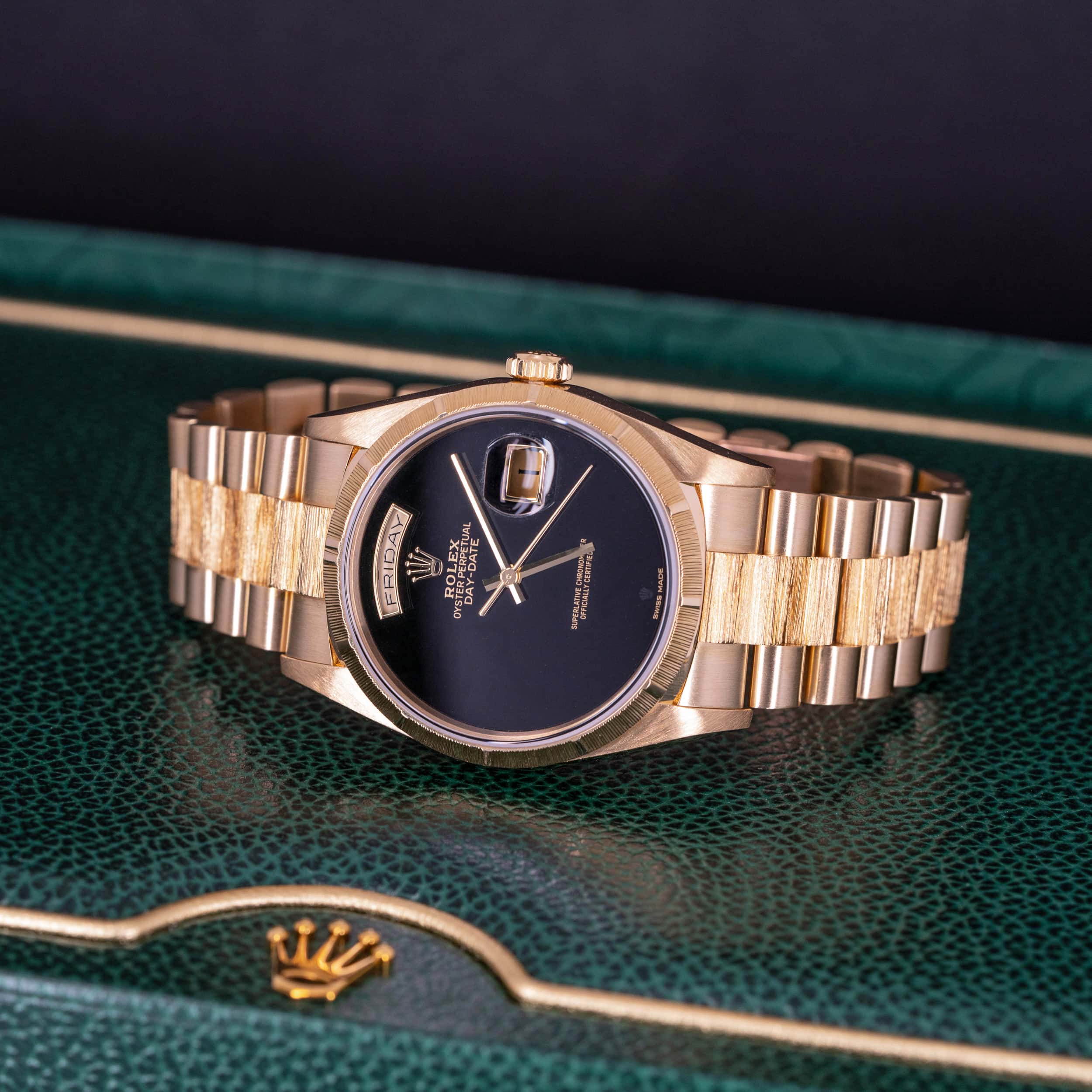 18k Rolex Day-Date 18248 Bark-Onyx vuodelta 1999 FULL-SET